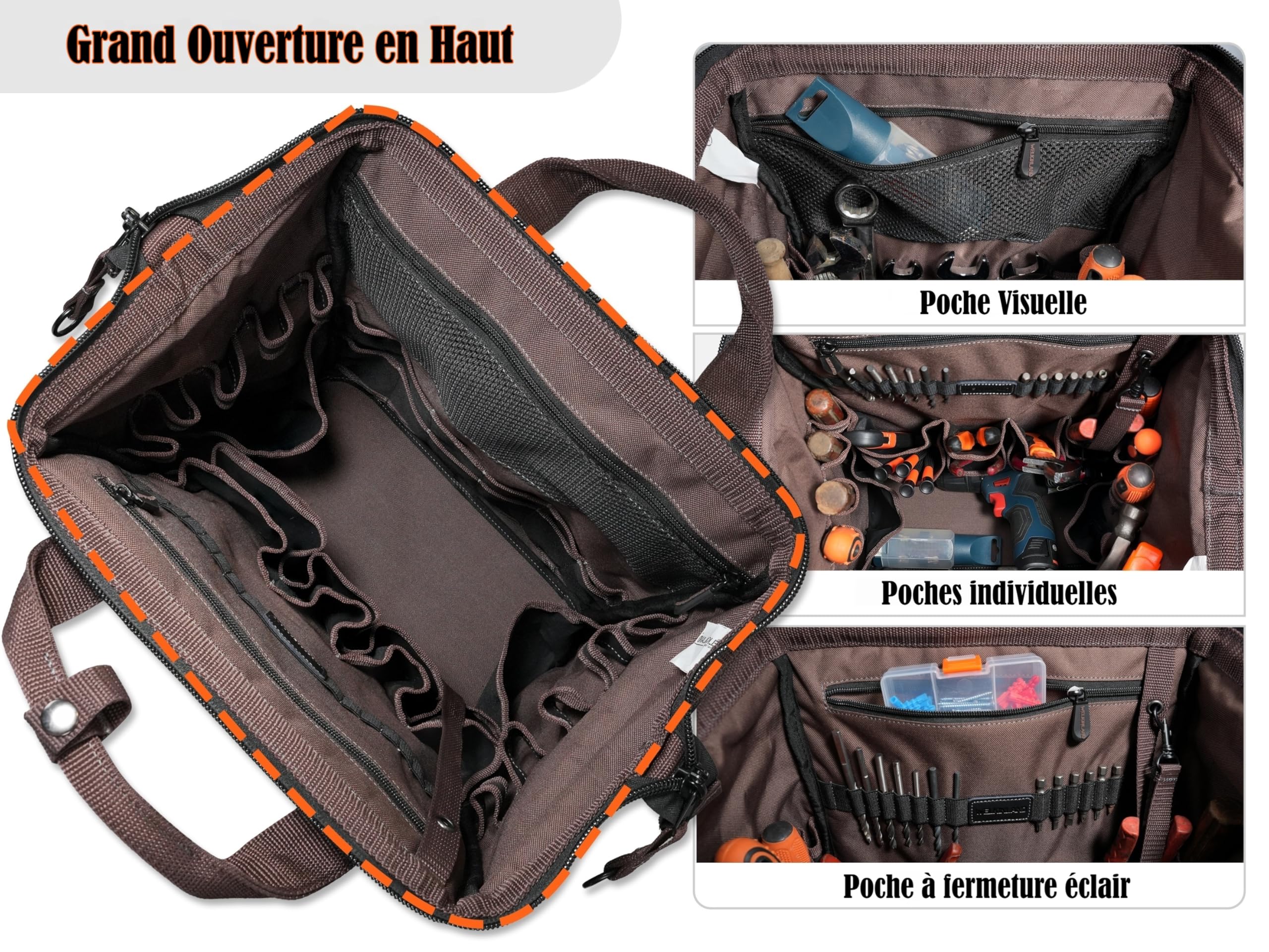 WELKINLAND Sac à dos d’outils HAVC en toile cirée à 88 poches, sac à dos d’outils pour électricien robuste, sac à dos d’outil pour technicien à ouverture supérieure, sac à dos d’outils pour la