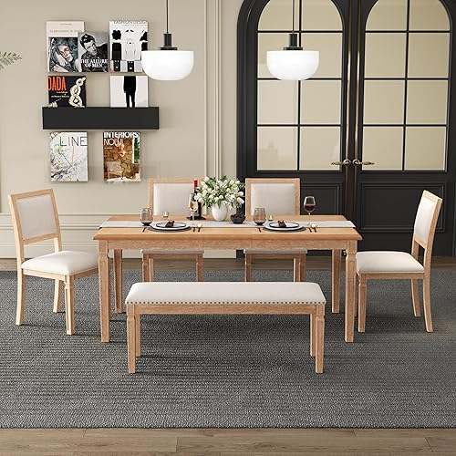 Miniatura 18 de Juego de mesa de comedor de 6 piezas, mesa de comedor de madera y 4 sillas y banco tapizados con esquinas lisas, juego de comedor para 6 personas