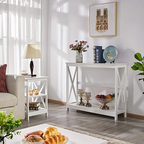 Miniatura 17 de Yaheetech 2 hileras X Diseño Pasillo Grande mesa consola para entrada con estante de almacenamiento, mueble para sala de entrada (Negro) Negro