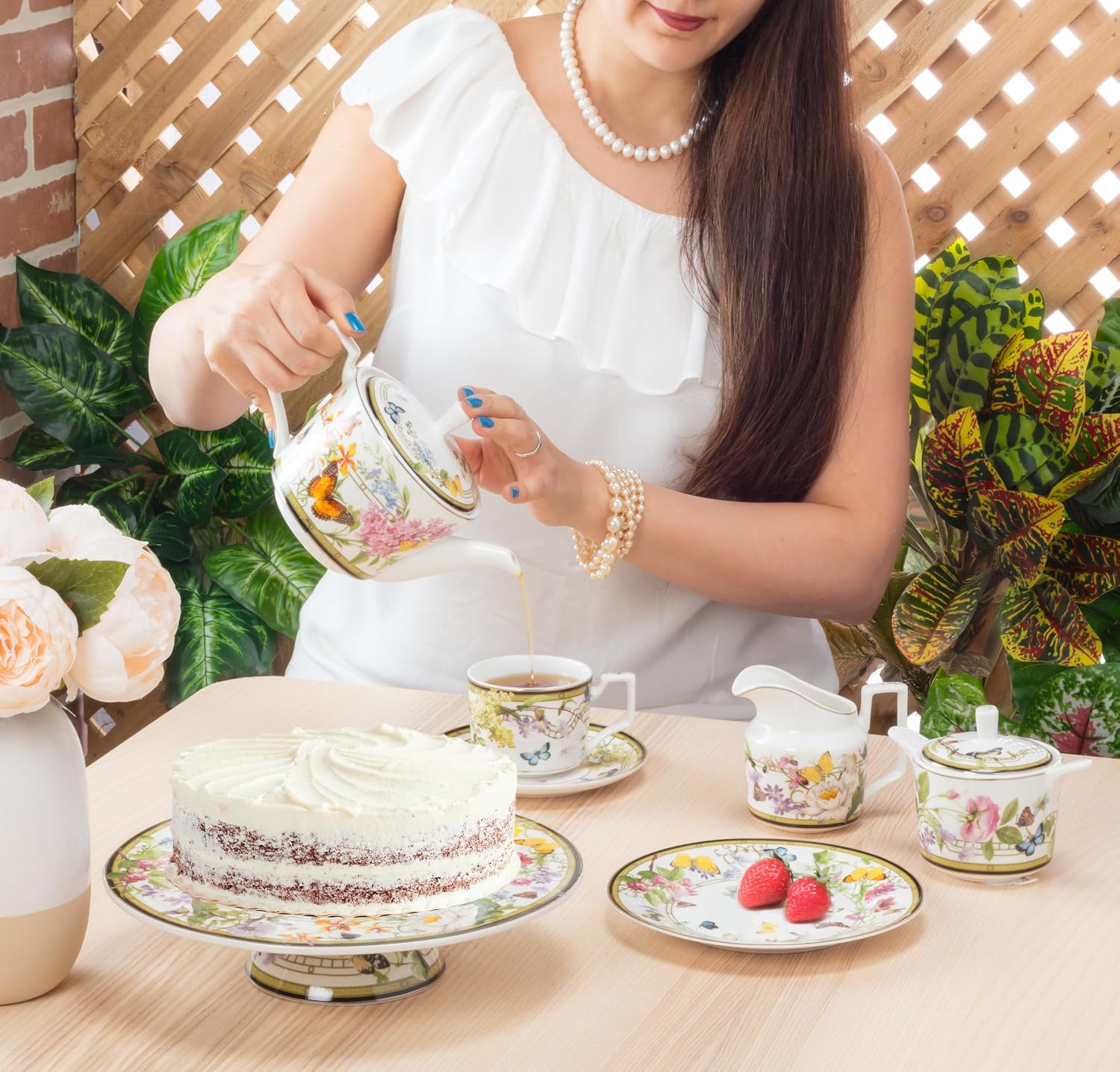 Abbott Collection Butterfly Garden Cup & Saucer | Bone China with Real Gold Rim, White/Green, 8oz, 3"H