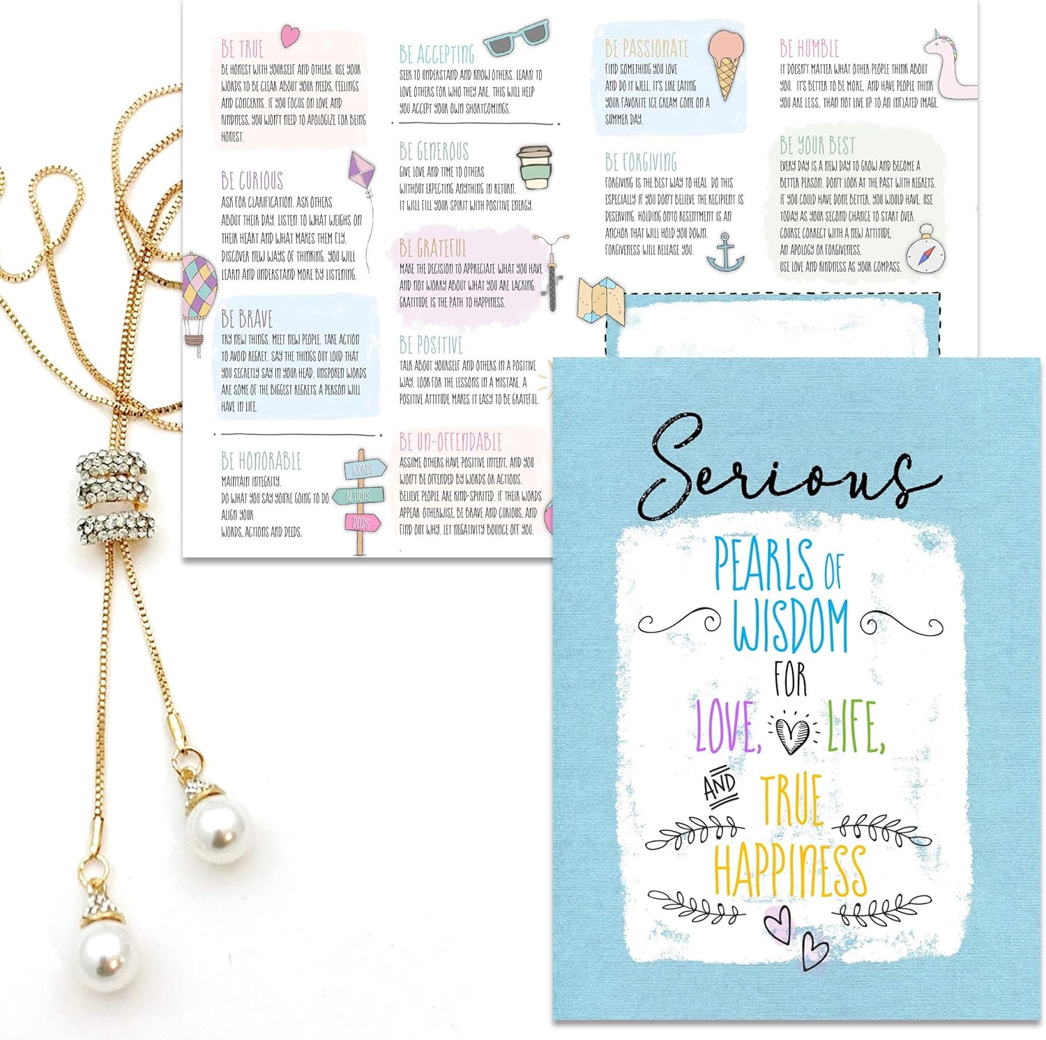 Smiling Wisdom - Serious Pearls of Wisdom for Love Life & Happiness Journey Greeting Card and Necklace For Women - Retirement Graduation New Beginnings - Long Gold
