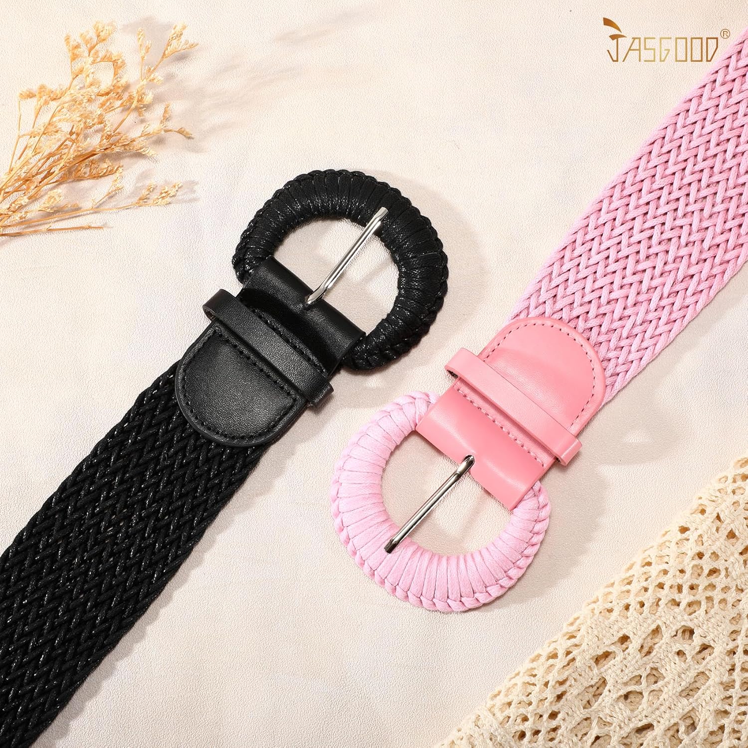 JASGOOD 2 Pack Women Woven Waist Belt for Dress Boho Rattan Belt Wide Braided Belt with Round Buckle - Image 3