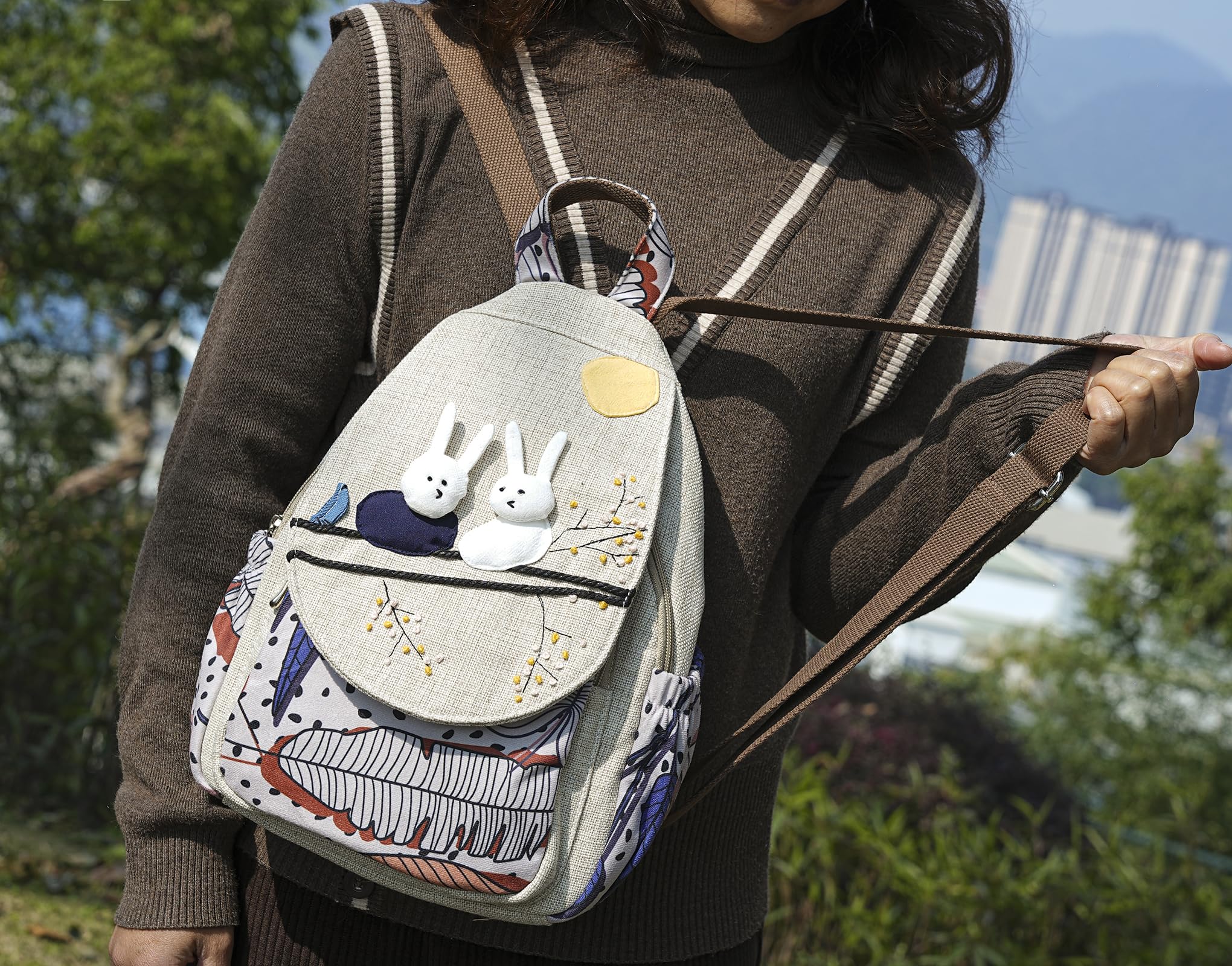 Bolso tipo mochila para mujer, estilo bohemio, convertible, pequeño, con diseño de hongos y tejido, hippie, Amarillo, Medium and small size, Mochilas de mochila