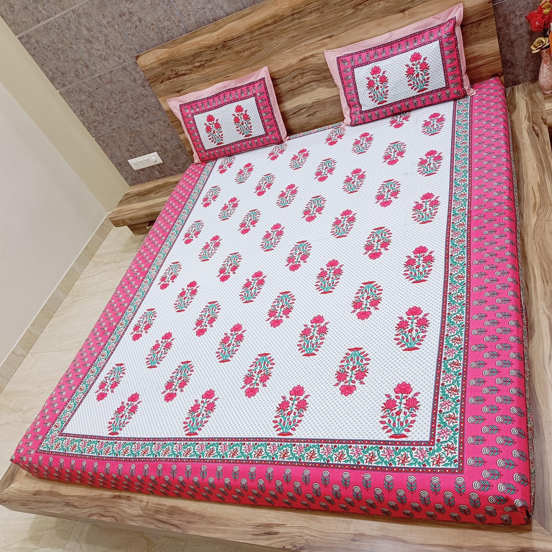 INSTA CRAFT 220 TC Cotton Multicolor Double King Bedsheet with 2 Pillows Set Multicolor Design Printed Jaipuri Bedsheets with 2 Pillows Set,100% Cotton Fabric Soft, 86X104 INCH (Pink)