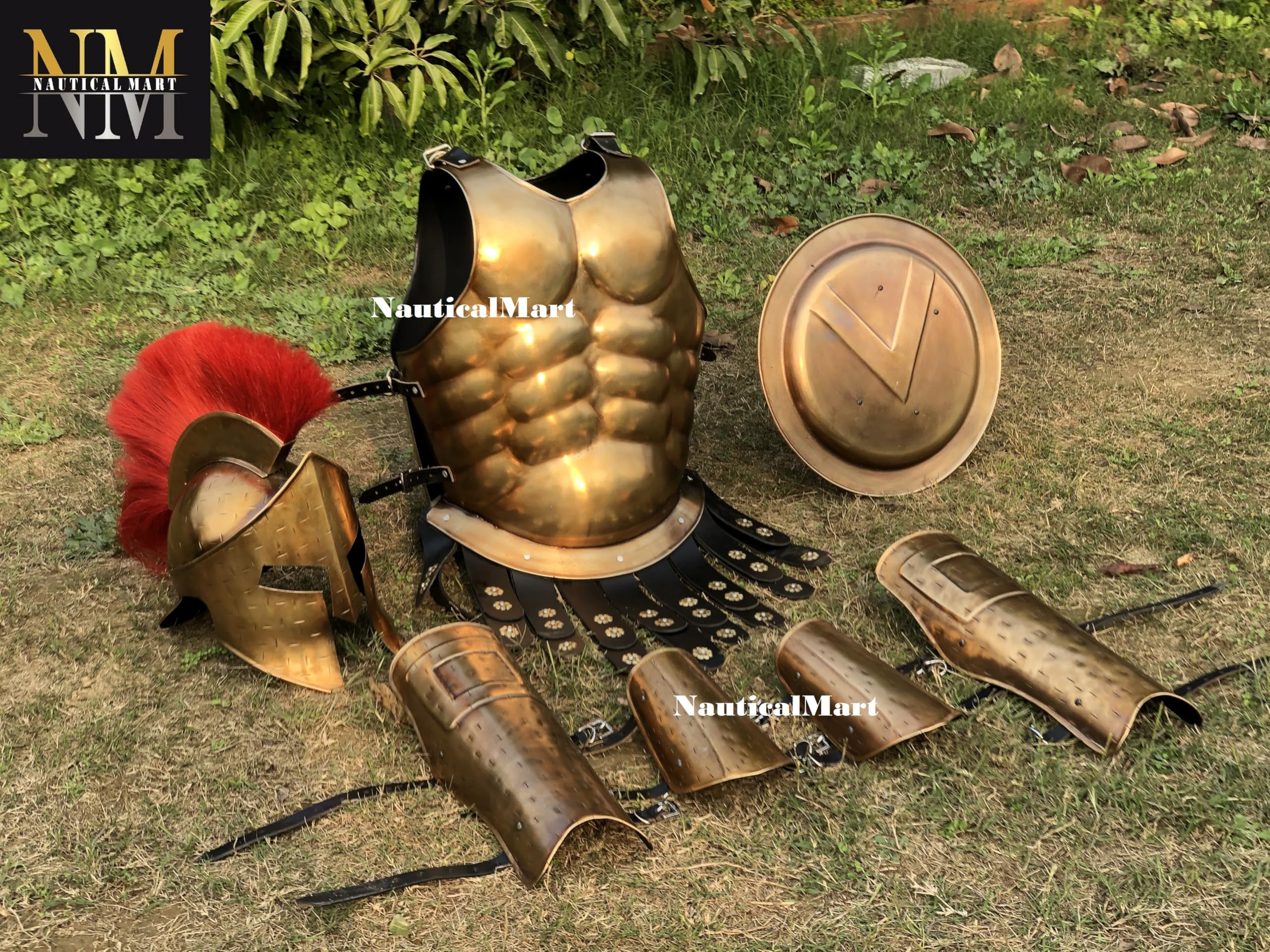 Medieval Roman Muscle Armor King Leonidas 300 Greek Spartan Helmet and Arm or Leg Guard with Shield - Brass Antique