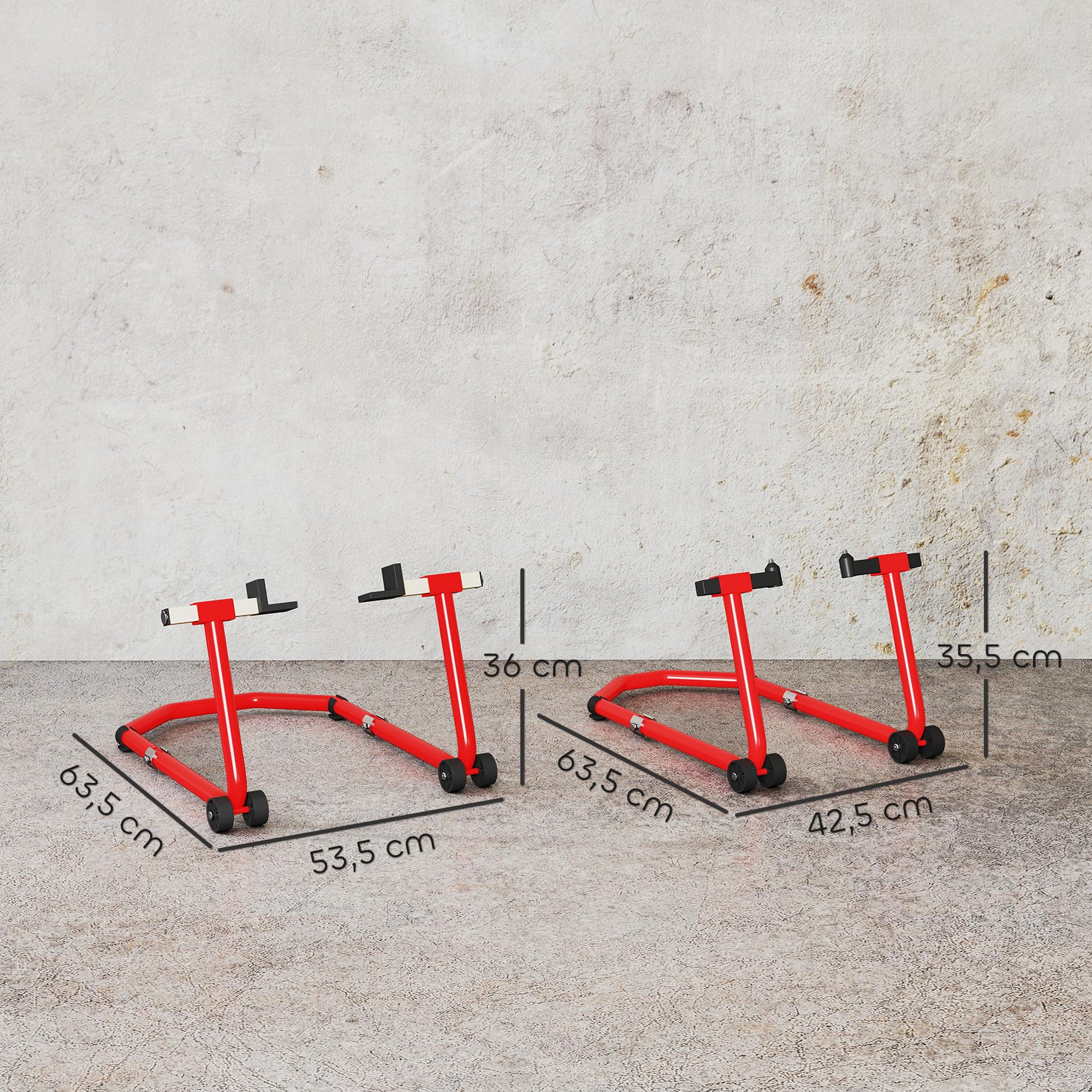 HOMCOM Caballete Moto Elevador Universal Carga 390 kg Combo Soporte de Rueda Delantera y Trasera Motocicleta con Adaptadores de Horquillas en U y L Ajustables y Ruedas para Reparación y Mantenimiento