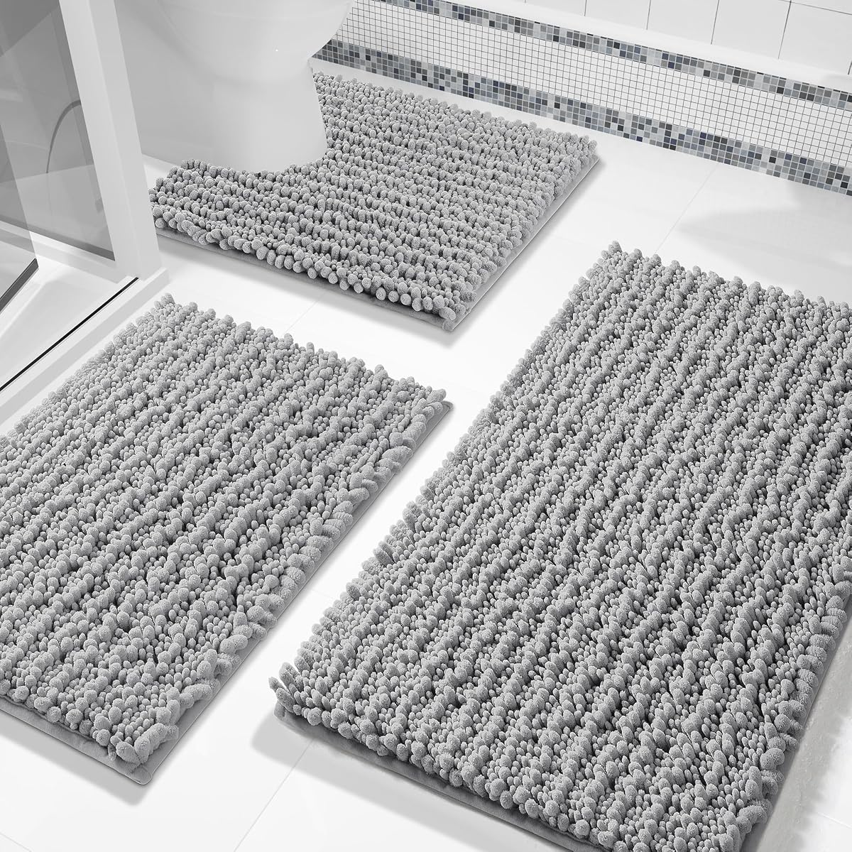 Juego de alfombras de baño Yimobra de 3 piezas, juego de alfombras de baño súper absorbentes de agua, gris | Alfombras de baño de chenilla suave de secado rápido y alfombra de inodoro, lavable a máquina antideslizante, alfombra de piso peluda extra gruesa para lavabo de ducha