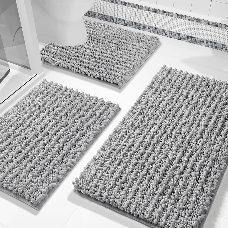 Juego de alfombras de baño Yimobra de 3 piezas, juego de alfombras de baño súper absorbentes de agua, gris | Alfombras de baño de chenilla suave de secado rápido y alfombra de inodoro, lavable a máquina antideslizante, alfombra de piso peluda extra gruesa para lavabo de ducha