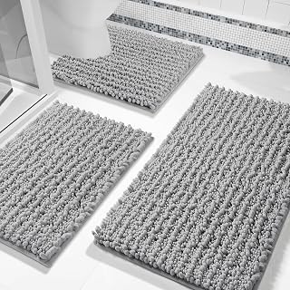 Yimobra Bathroom Rug Set 3 Piece, Super Water Absorbent Bath Mat Set, Grey | Quick Dry Soft Chenille Bath Rugs & Toilet Rug, Non Slip Machine Washable, Extra Thick Shaggy Floor Mat for Shower Tub Sink