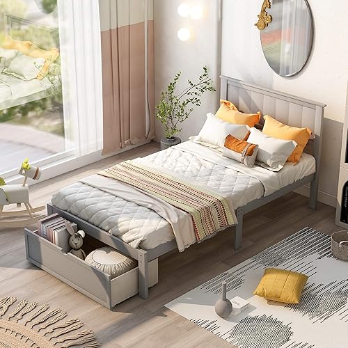 P PURLOVE Base de cama individual, cama de plataforma de madera maciza con cabecero, marco de cama de almacenamiento con cajón, soporte de listones