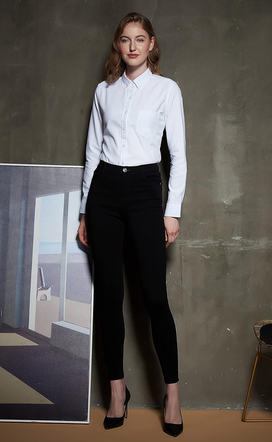 Button Up Shirt Women Long Sleeve Oxford Shirt Classic-Fit Cotton Work Blouse Wrinkle Resistant