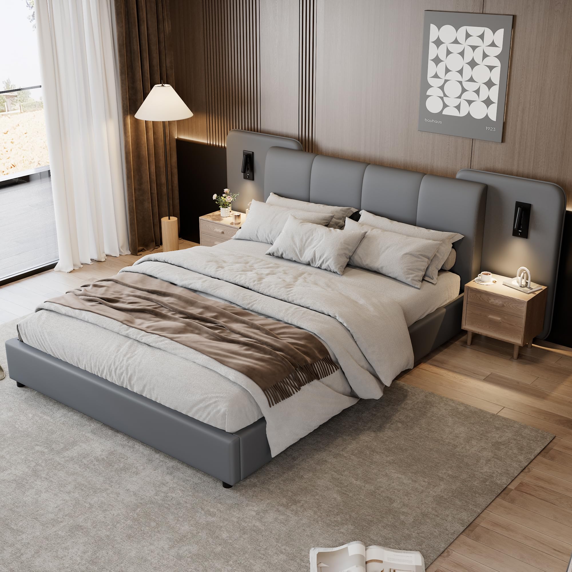 Merax Double bed frame, 4ft6 Double Upholstered Bed, 2 bedside reading lights with charging socket, Anti-collision Soft sponge headboard backrest, Grey/PU, 135CM*190CM โ image 1