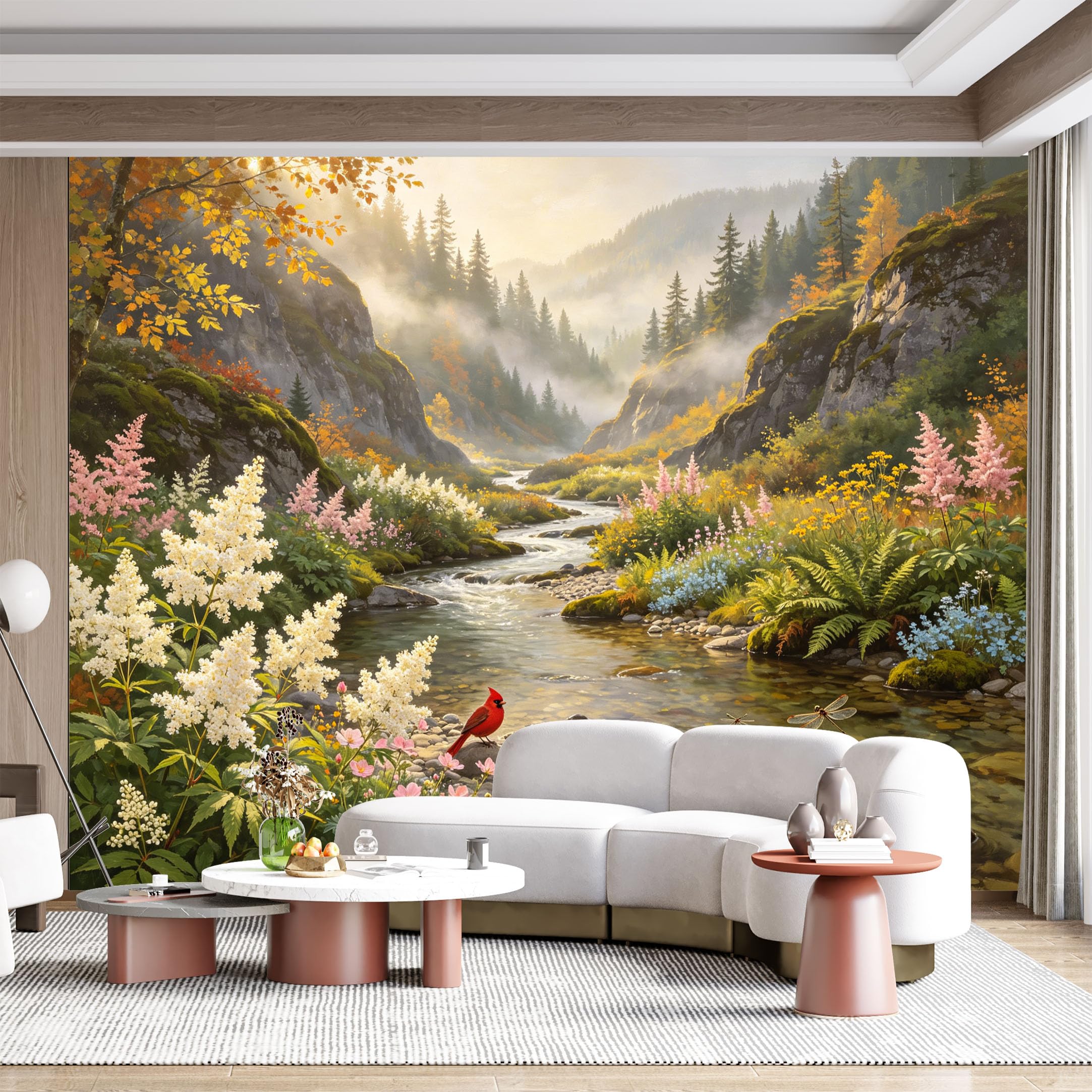 Custom Size Wall Mural Forest River Autumn Landscape Watercolor Painting SelfAdhesive Wall Fabric Removable for Home Office Decor