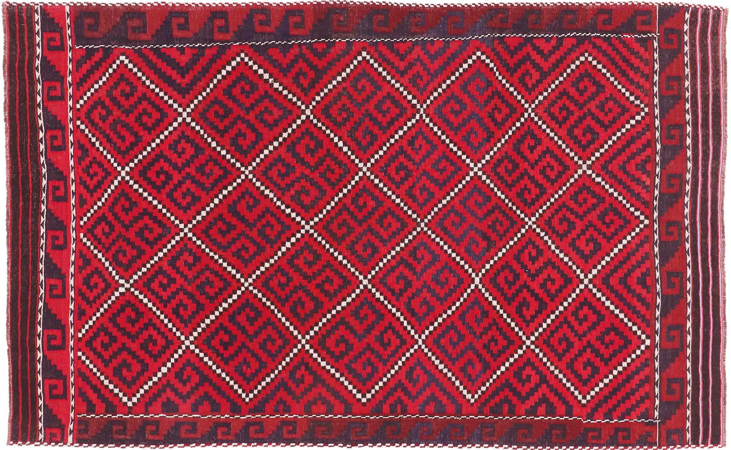 Tapis afghan Kelim Soumakh rouge géométrique en laine tissé main 180x290 cm