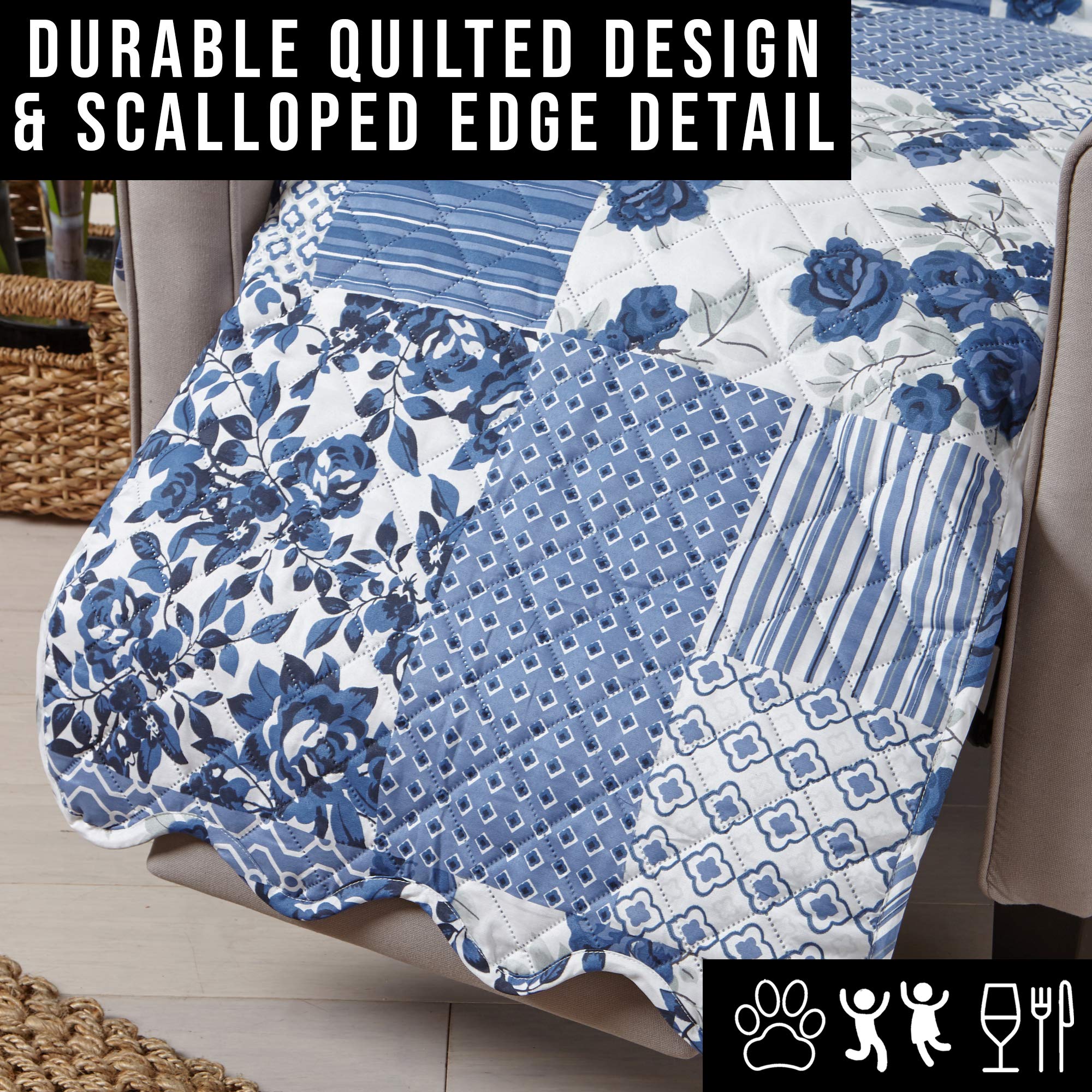 Great Bay Home Patchwork Scalloped Printed Furniture Protector Stain Resistant Recliner Cover (Recliner, Navy)