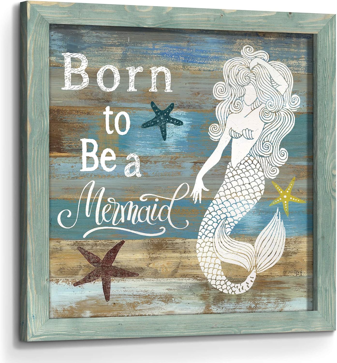 Bathroom Mermaid Wooden Wall Art: Rustic Ocean Framed Painting Picture Underwater Sea Life Print Beach Coastal Artwork Decor for Girls Bedroom Living Room