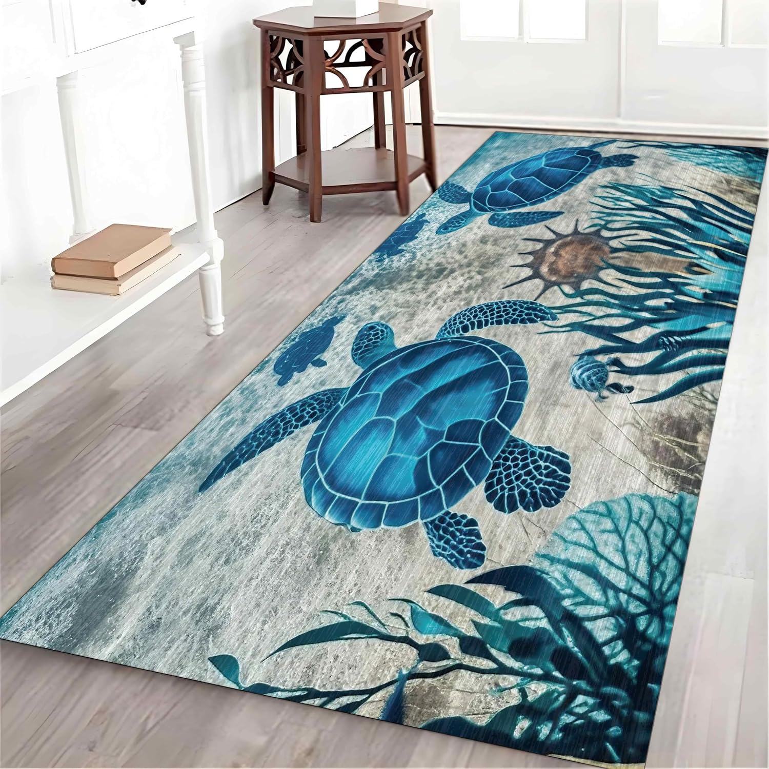 Coastal Hallway Runner Rug, 2x5, Colourful Seahorse Coral Starfish Seashell Rugs, Beach Theme Bathroom Decor, for Kitchen Laundry Bedroom Living Room, Blue