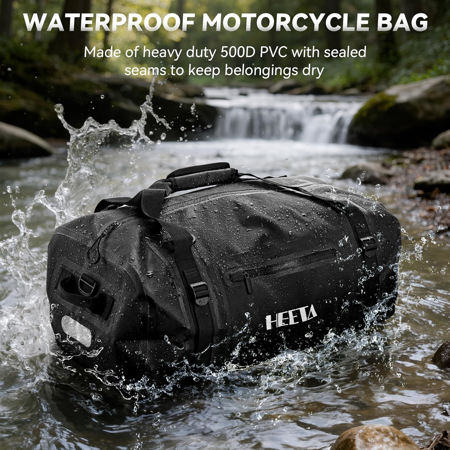 HEETA Waterproof Motorcycle Dry Bag, Waterproof Duffel Luggage Travel Bags with Zippered Closure & Pocket, Shoulder Straps, Large Space for Motorcycling Camping Commuting Boating (Black, 50L)
