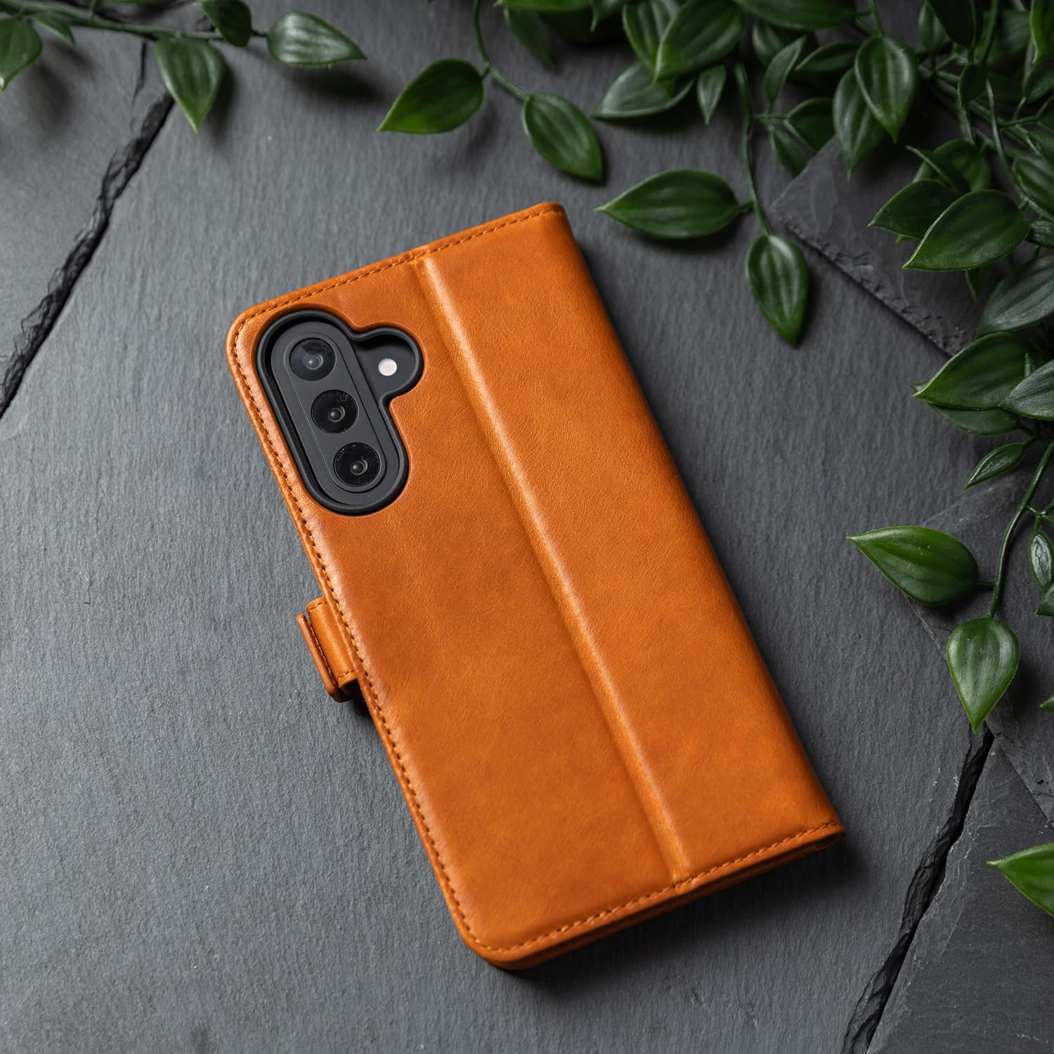 Snakehive Genuine Leather Wallet Case for Galaxy A37 – Flip Cover with Card Slots & Stand (Smooth Tan)