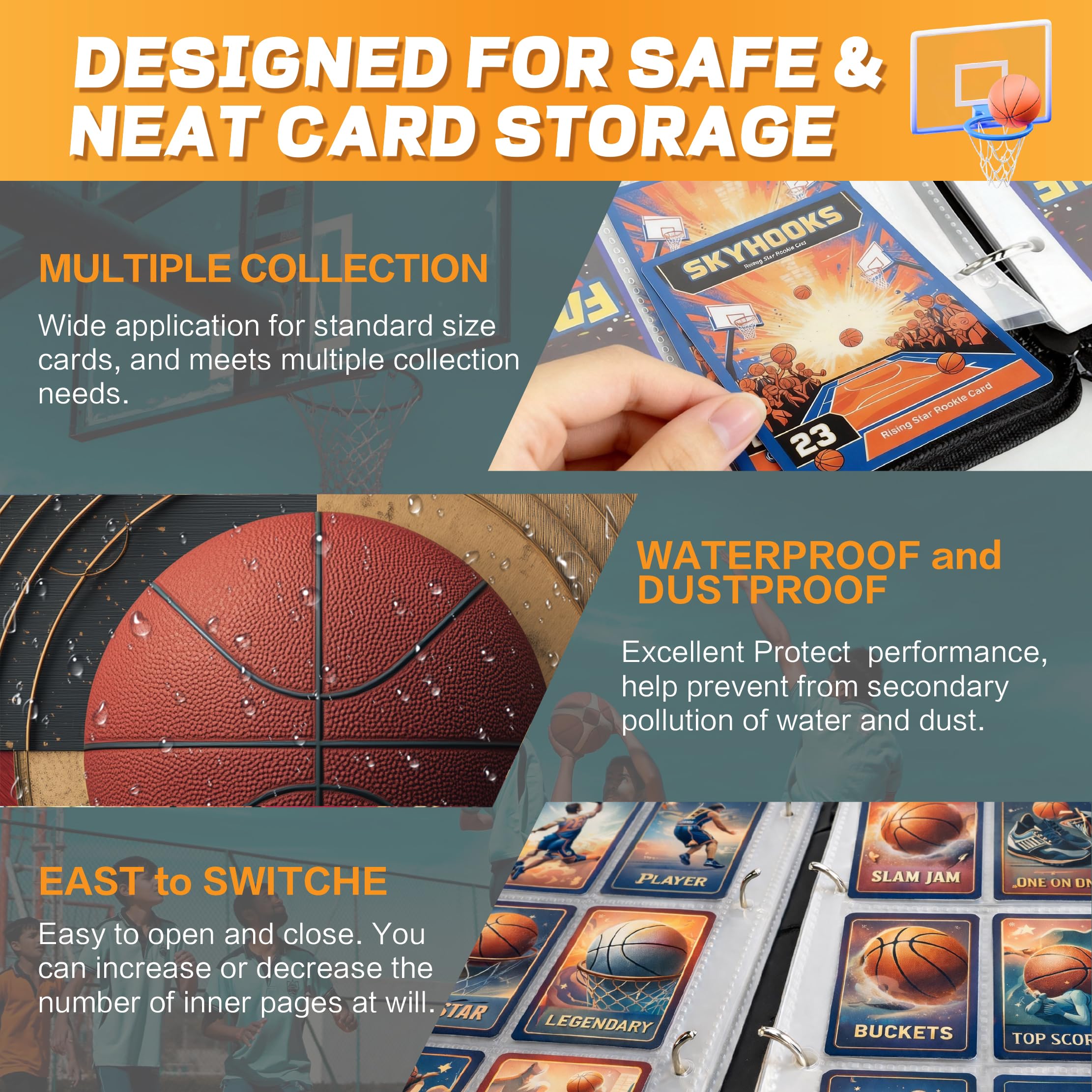 XS01 Classeur pour cartes de basket-ball avec pochettes, 9 poches, protecteur de cartes portable avec fermeture éclair, peut contenir 900 cartes avec 50 pochettes amovibles, étui de transport pour
