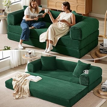 Boneless Couch Versatile Couches for Living Room No-Install Sofa Bed Corduroy Futon Soft Cloud Couch with Pillows for Bedroom Game Movie Green, 76"