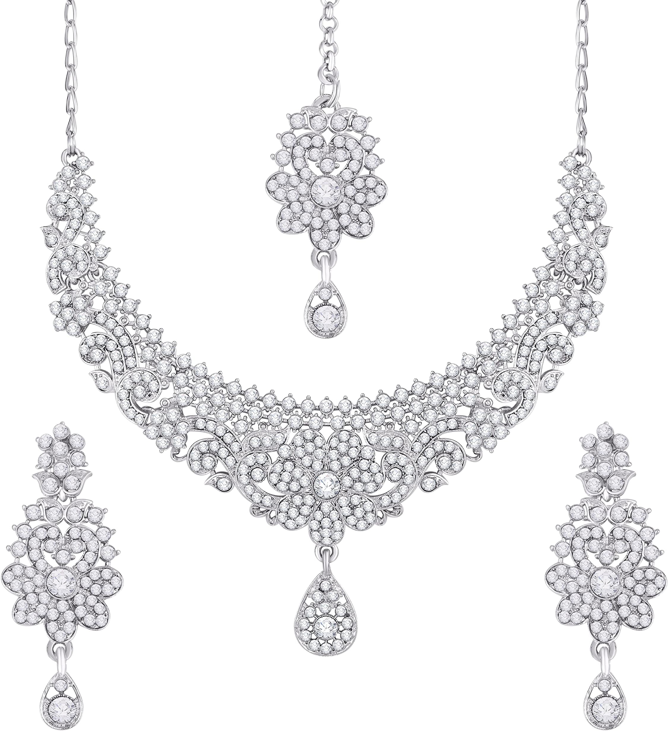 Atasi InternationalCrystals Necklace/Jwelery Set with Earrings and Maang Tikka for Women, Girls for Wedding, Festive, Party | Ideal Gift for Special Occasions
