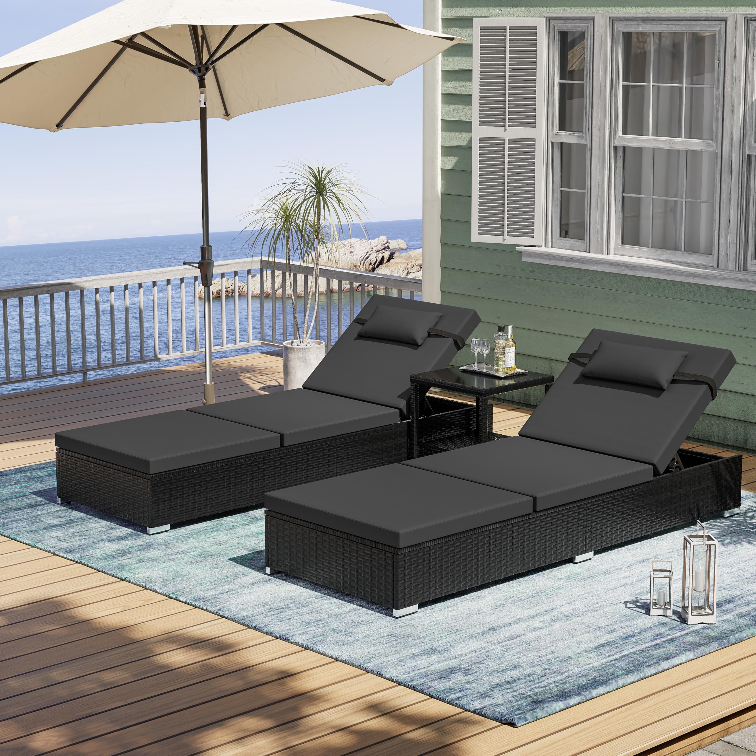 Chaise longue de jardin UDPATIO avec table set de 2 bains de soleil en rotin noir