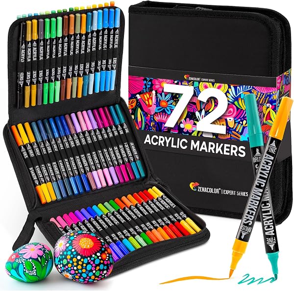 Zenacolor Pennarelli Acrilici Doppia Punta (con Punta a Pennello e Fine) - 72 Colori Indelebili per Diverse Superfici - Acrylic Marker per Vetro et per Dipingere Sassi - Astuccio Incluso - 1