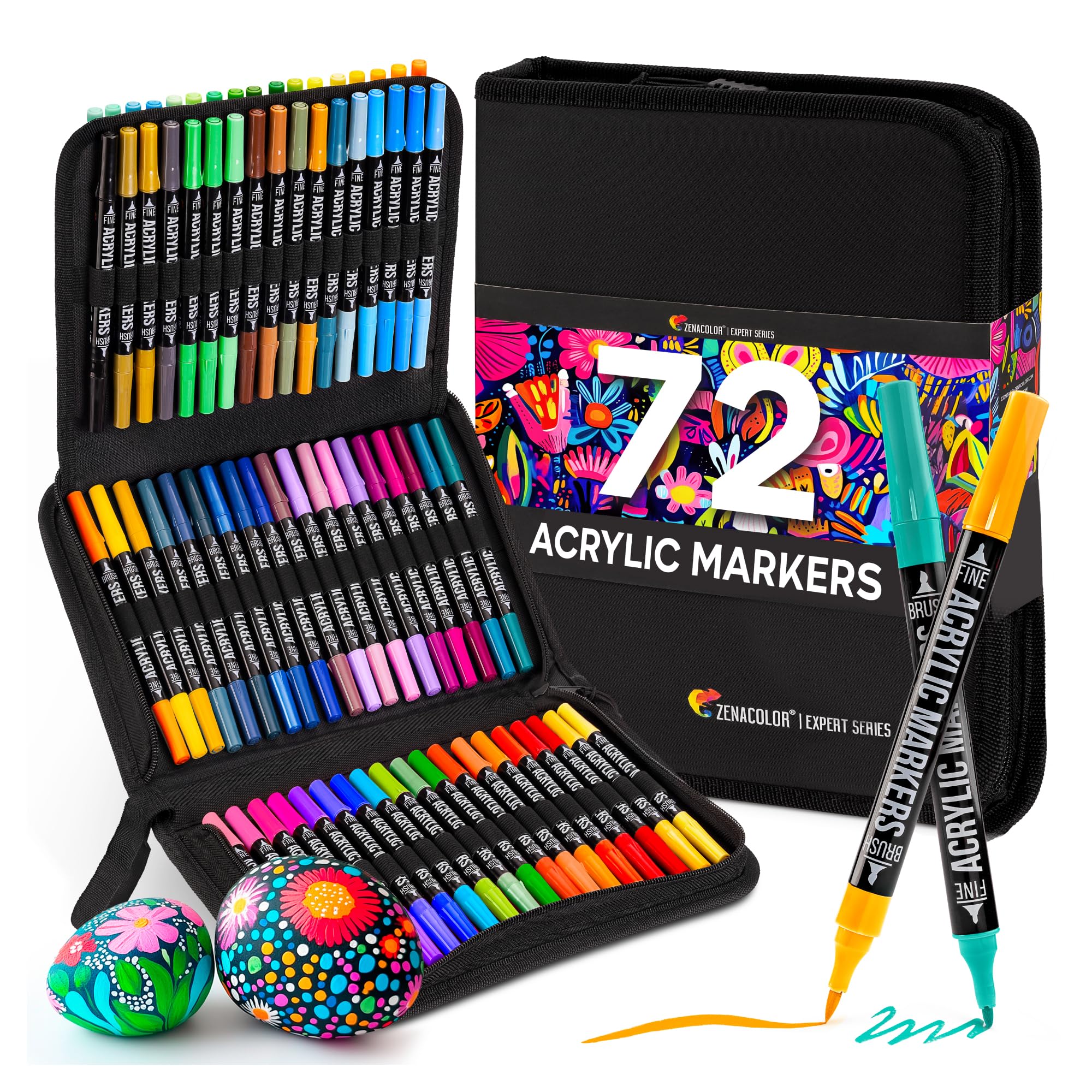 Zenacolor 72 Acrylstifte für Steine Wasserfest - mit Doppelspitze (feine Spitze und Pinsel) zum Zeichnen verschiedene Oberflächen - Acrylic Paint Marker mit einer Tasche