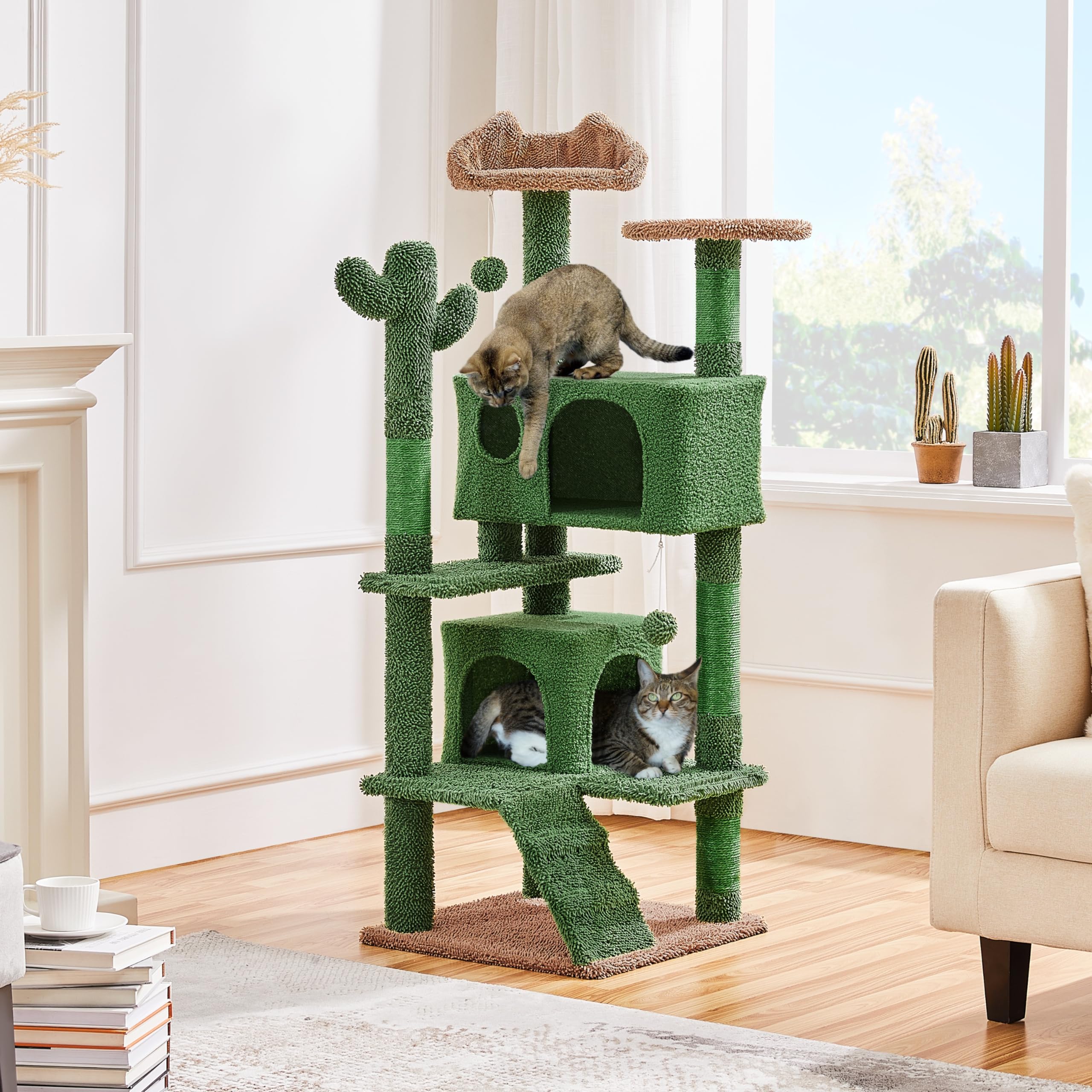 Yaheetech Albero Tiragraffi per Gatti a Forma di Cactus Condominio Palla Gioco in Truciolato e Corda di Sisal 48,5 cm × 48,5 cm × 138 cm