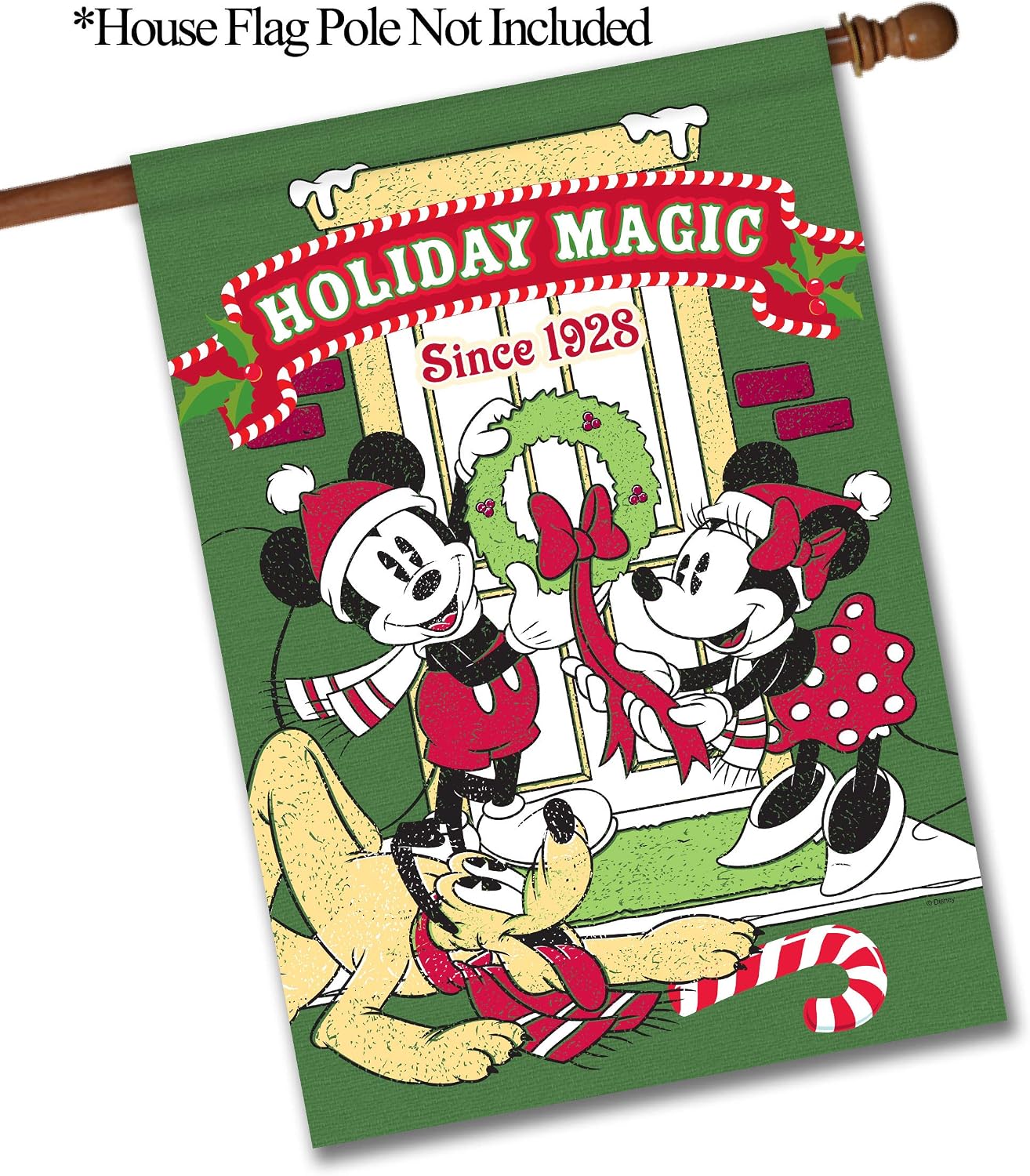 Flagology.com, Disney, Mickey Mouse, Minnie Mouse & Pluto,Mickey, Minnie, Pluto Holiday Magic – House Flag – 28” x 40”, Outdoor, Officially Licensed Disney