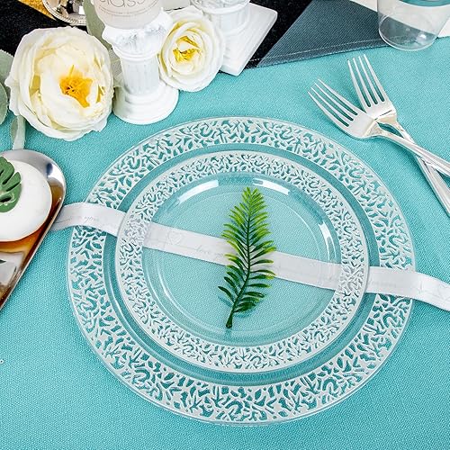 Miniatura 3 de I00000 96 platos de plástico plateado, transparentes con borde plateado, 48 platos llanos resistentes (10.25 pulgadas) y 48 platos de postre (7.5