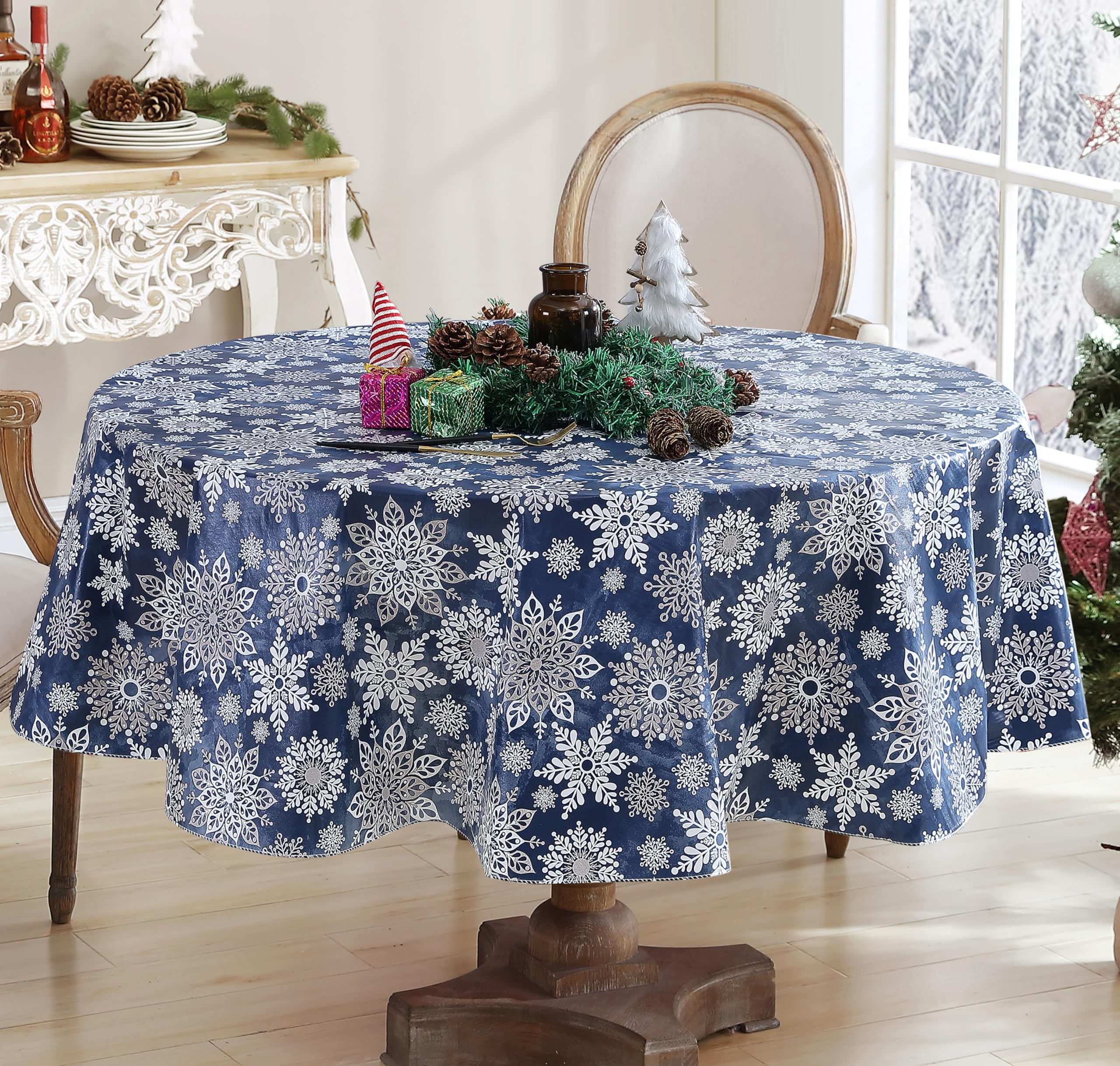 テーブル クロス ドイツ Amazon｜Newbridge 冬用スパークル スノーフレーク ネイビーとシルバー