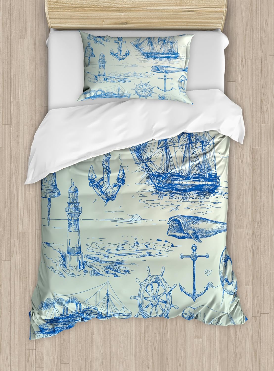 Ambesonne Nautical Anchor Duvet Cover Set, Whale Sail Boat Steering Wheel and Old Lighthouse Fishing Theme Sketchy, Decorative 2 Piece Bedding Set with 1 Pillow Sham, Twin Size, Eggshell Blue Twin Eggshell Blue