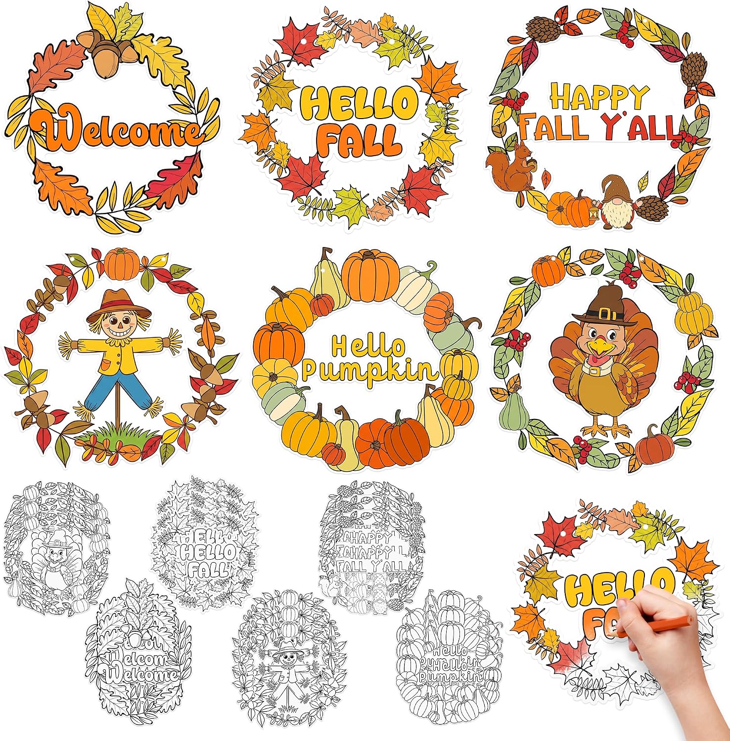 24 Pcs Fall Coloring Wreath Crafts, Thanksgiving Color Your Own Craft Kits