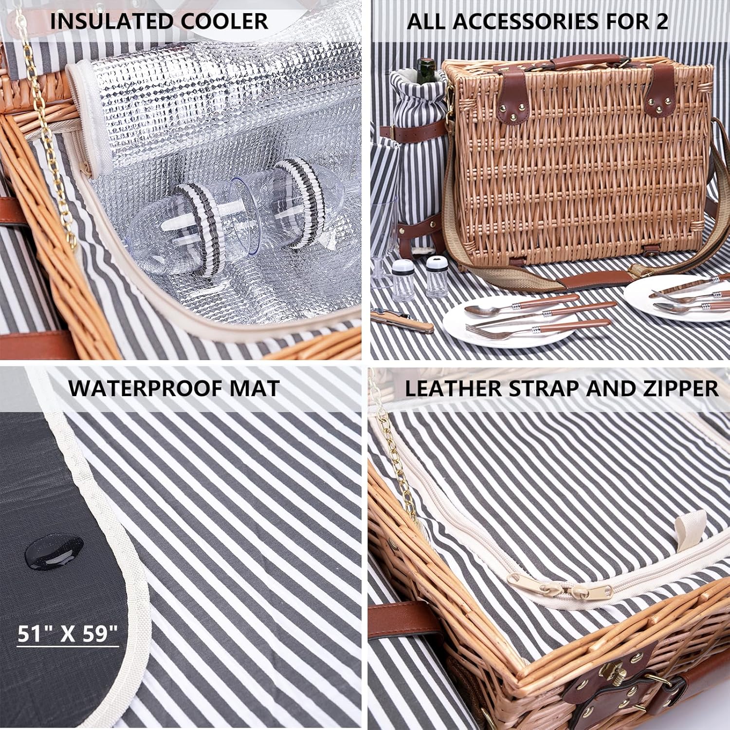 Picnic Basket with Blanket and Wine Pouch for 2 Wicker Picnic Set with Insulated Liner Cooler Bag Hamper for Camping,Wedding - Stripes - Image 4