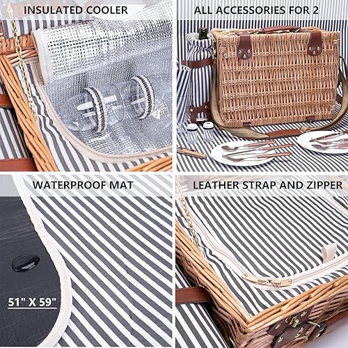 Miniatura 4 de Cesta de picnic con manta y bolsa de vino para 2 juegos de picnic de mimbre con forro aislante, cesta para camping, boda, rayas