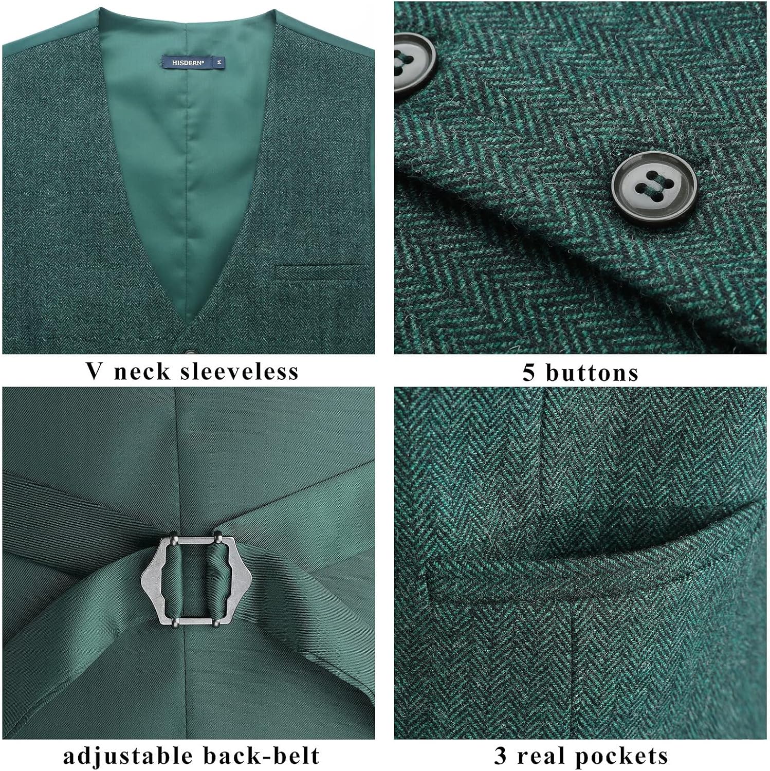 HISDERN Men's Herringbone Tweed Vest British Wedding Premium Wool Blend Suit Vest Business Formal Dress Vests Waistcoat