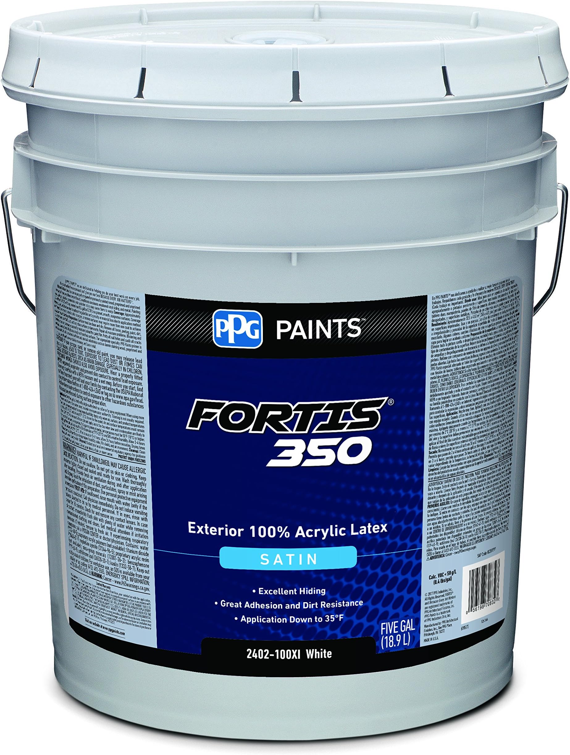 2402-100XI/05 Acrylic Paint, Satin, 5 gal, Fortis 350, Exterior Paint, White