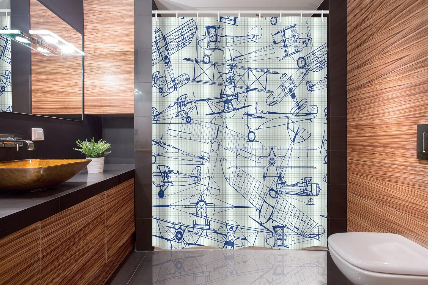 Ambesonne Airplane Stall Shower Curtain, Old Airplane Drawings Classic Dated Flight Vintage Style Nostalgic Jets, Fabric Bathroom Decor Set with Hooks, 54" W x 78" L, Violet Blue Turquoise