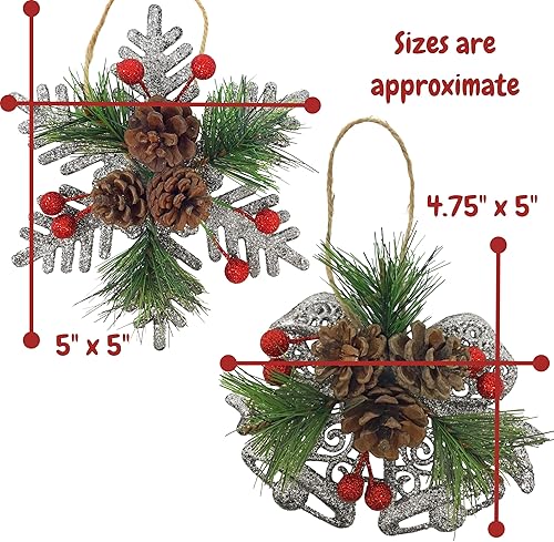 Miniatura 2 de Adornos de Navidad plateados con purpurina, aproximadamente 5 pulgadas de ancho, bayas de piñas y ramas de pino, juego de 4 decoraciones de Navidad,