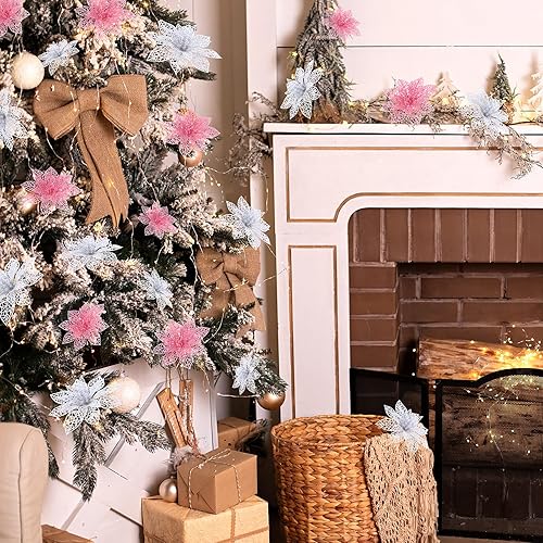 Vista 59 de 24 piezas de adorno de árbol de Navidad de Nochebuena con brillantina. Adorno de decoración de flores de Navidad. 3, 4 y 6 pulgadas / 7.62, 10.16