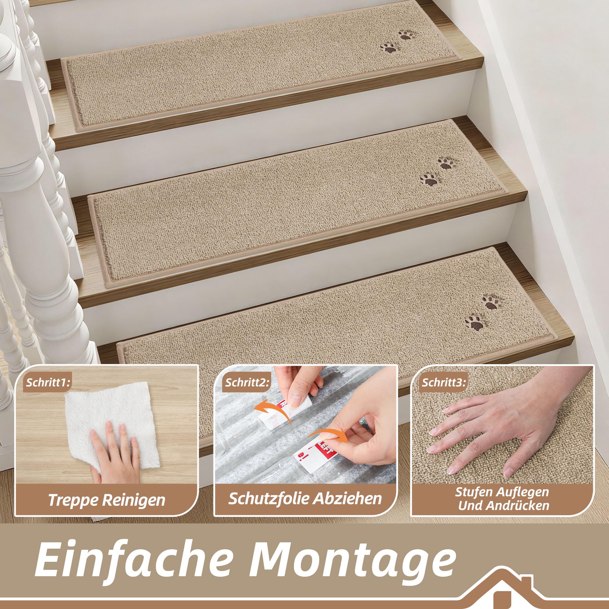 BEQHAUSE Tappetini per gradini, per interni, antiscivolo, 15 pezzi, lavabili in lavatrice, per bambini, anziani e animali domestici, 100% poliestere TPE, schienale 22 x 70 cm, beige