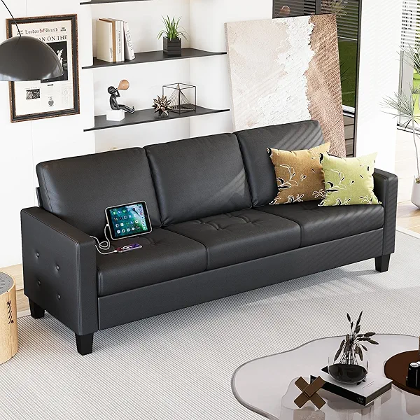 STHOUYN 73” Black Faux Leather Sofa Couch, Modern Comfy Office 3 Seater Couch Loveseat with USB and Tufted Armrest, Small Love Seat Couches for Living Room, Bedroom, Apartment