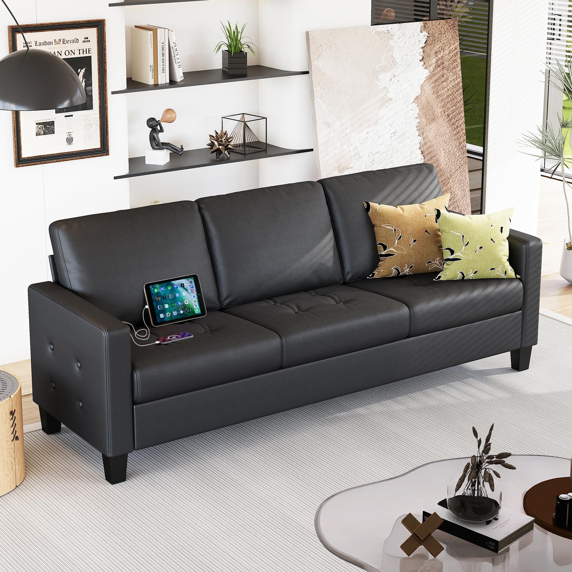 STHOUYN 73 Black Faux Leather Sofa