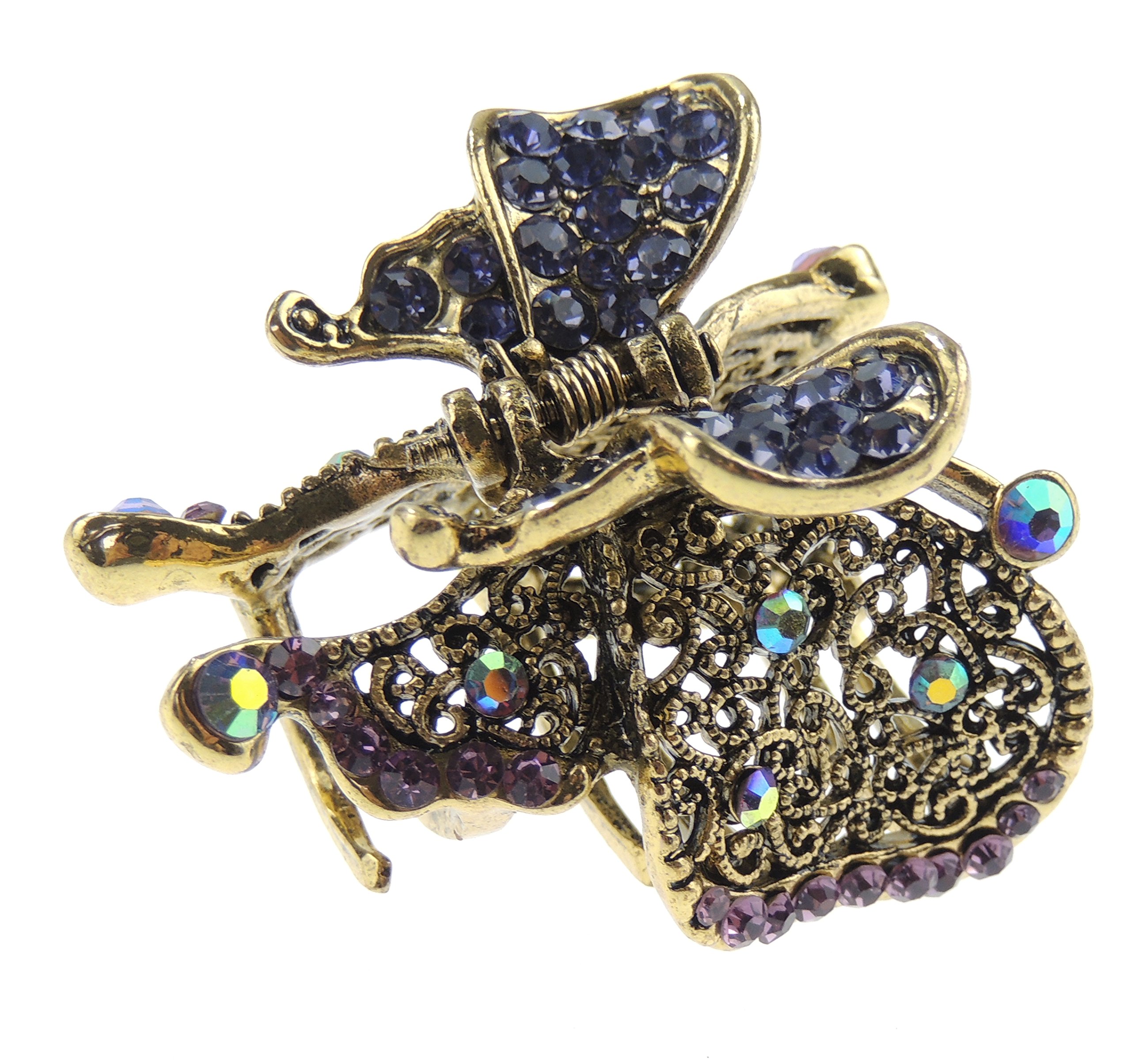 Beautiful Ladies Vintage Gold Tone Metal 5cm Hair Claw Clamp Diamante Crystal Butterfly Wings Purple