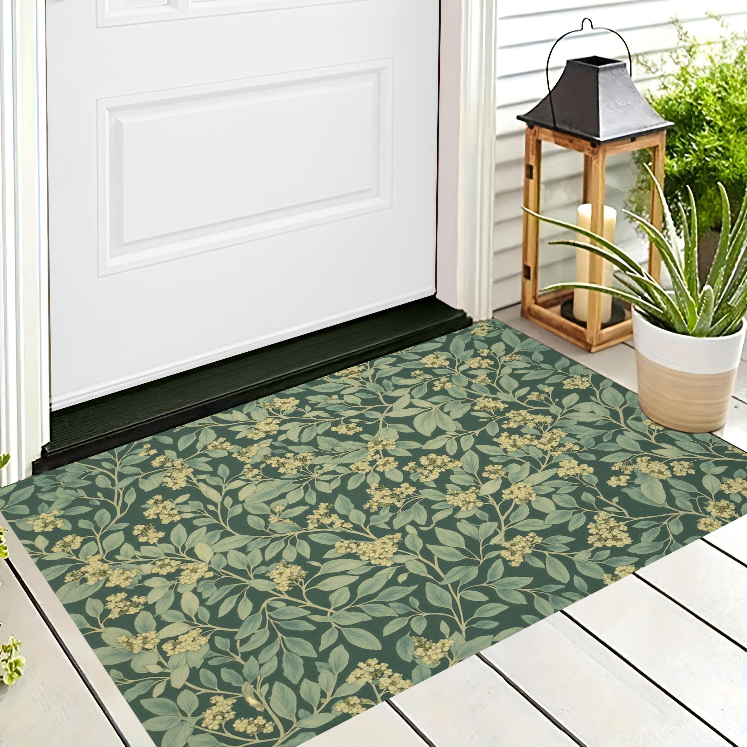 Tapis de sol absorbant vert sauge 60 x 90 cm avec motif feuilles et fleurs pour porte d'entrée