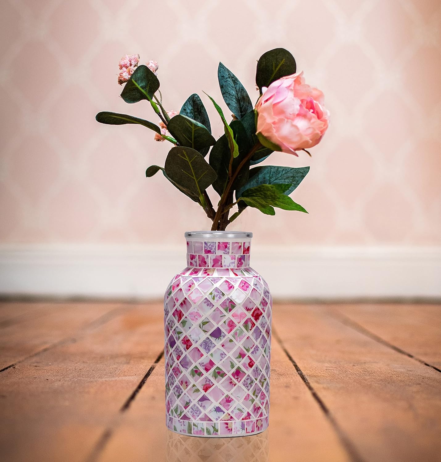 7.9" H Pink Mosaic Glass Vase, Decorative Flower Vase, Modern Midsize Decor for Bedroom, Living Room, Kitchen, Office, Wedding - Unique Gift - Image 3