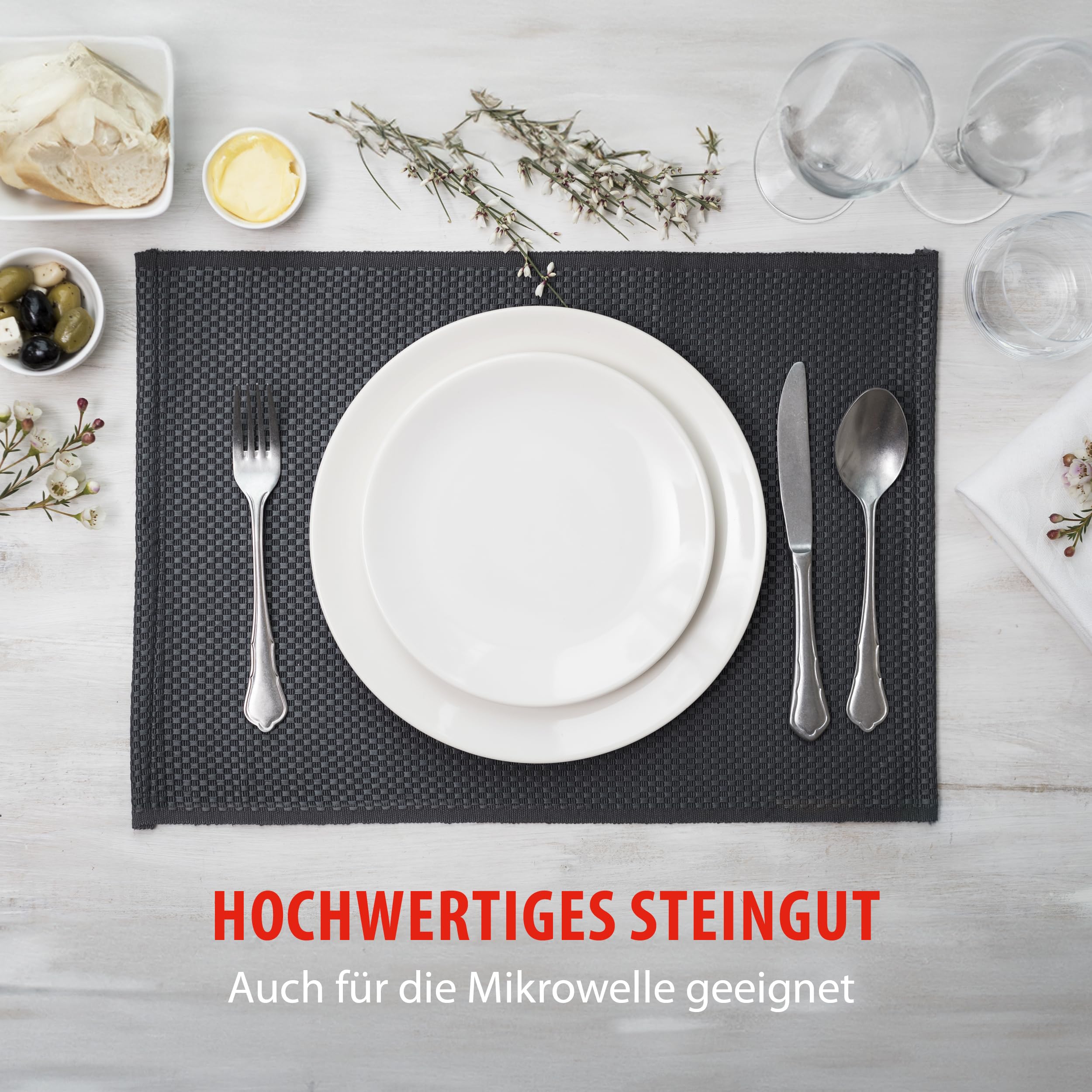 Alpina Geschirrset 8 Personen 40-teilig Steingut Teller Set Speiseteller Schalen Kaffeebecher Camping Mikrowelle Spülmaschinengeeignet Weiß