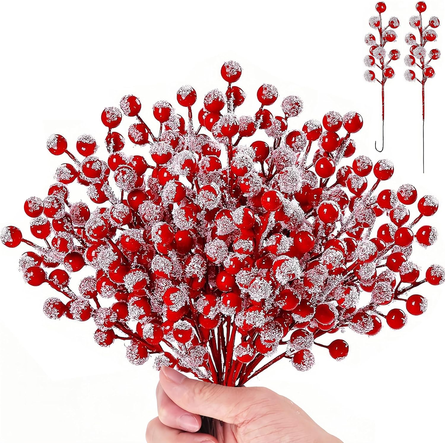 50pcs Christmas Tree Decoration, 8 Inch Snowy Red Artificial Berry Stems Branches, Christmas Berries Picks Berry Branches for Christmas Trees Ornaments Holly Tree Decor